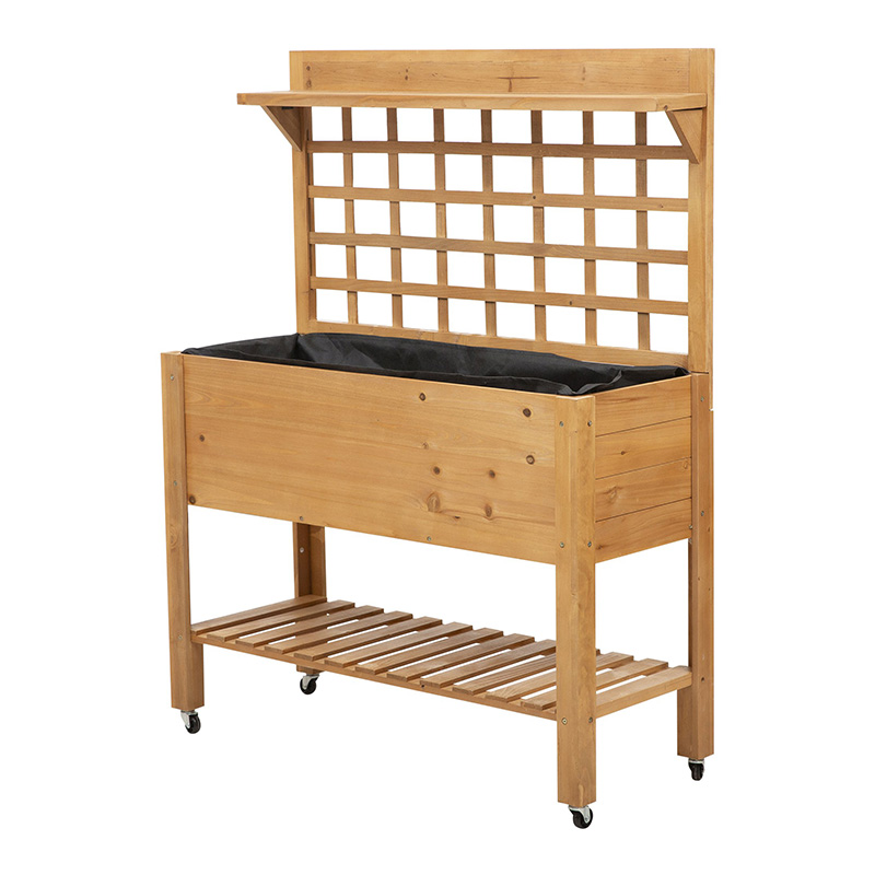 41 'x18' x 53 'เตียงยกสวนสูงพร้อมชั้นวางและล้อไม้กระถางดอกไม้สมุนไพรกล่องสำหรับผักดอกไม้กลางแจ้ง/ในร่ม - สีน้ำตาล