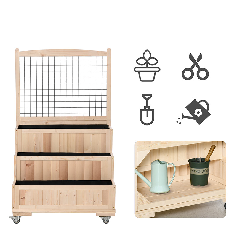 เตียงสวนยกไม้ 3 ชั้นมีล้อ, โครงตาข่าย, พื้นที่เก็บของด้านหลัง, เคลื่อนย้ายง่ายสำหรับดอกไม้, สมุนไพร, ธรรมชาติ