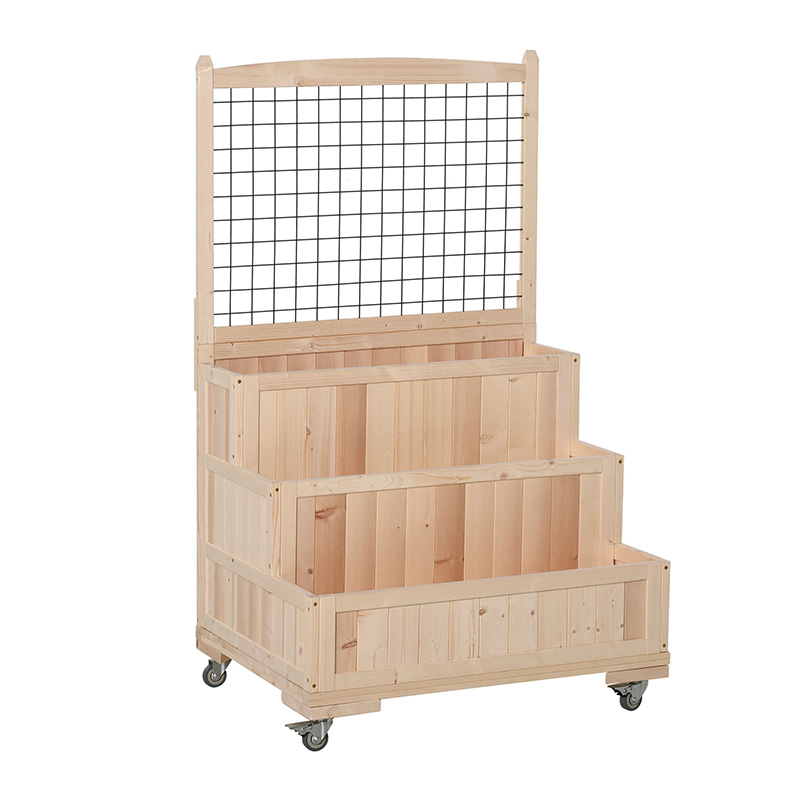 เตียงสวนยกไม้ 3 ชั้นมีล้อ, โครงตาข่าย, พื้นที่เก็บของด้านหลัง, เคลื่อนย้ายง่ายสำหรับดอกไม้, สมุนไพร, ธรรมชาติ