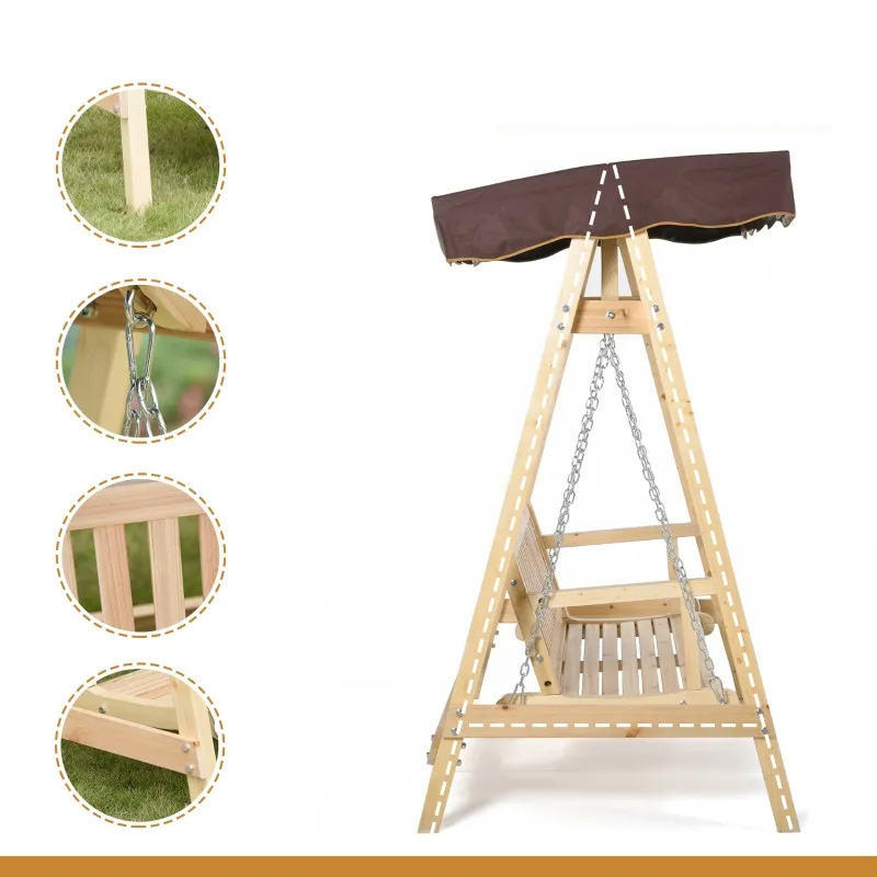 ชิงช้าระเบียงกลางแจ้งสำหรับ 2 คนพร้อมขาตั้งไม้ การออกแบบ A-Frame ที่แข็งแกร่ง และหลังคากันสาดน้ำแบบปรับได้
