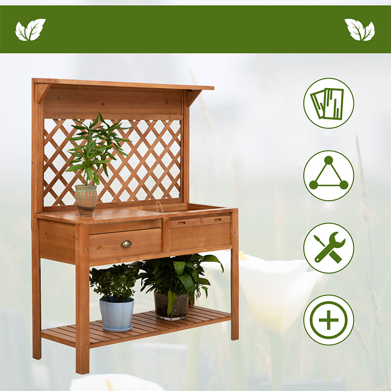 Garden Potting Bench, โต๊ะไม้กลางแจ้งพร้อมฉากโลหะ, ลิ้นชัก, ตะขอ, ชั้นวางของและ Lattice Back สำหรับ Patio, Backyard และ Porch