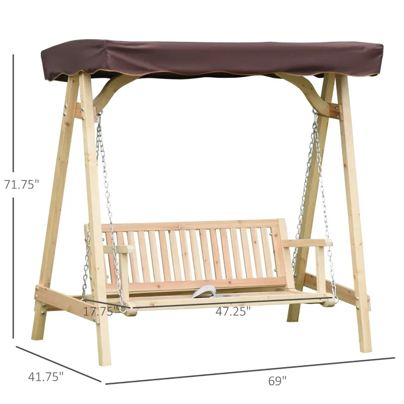 ชิงช้าระเบียงกลางแจ้งสำหรับ 2 คนพร้อมขาตั้งไม้ การออกแบบ A-Frame ที่แข็งแกร่ง และหลังคากันสาดน้ำแบบปรับได้
