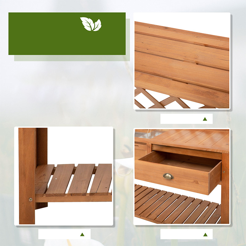 Garden Potting Bench, โต๊ะไม้กลางแจ้งพร้อมฉากโลหะ, ลิ้นชัก, ตะขอ, ชั้นวางของและ Lattice Back สำหรับ Patio, Backyard และ Porch