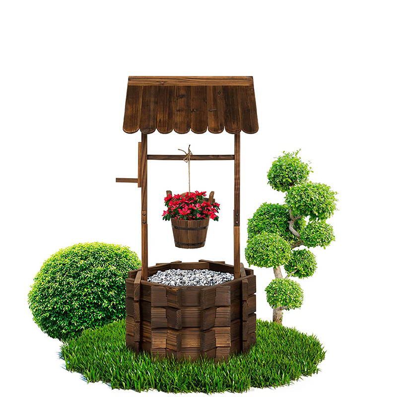 Rustic ไม้ Wishing Well Planter กลางแจ้งตกแต่งบ้านสำหรับ Patio, Garden, Yard w/ แขวนถัง