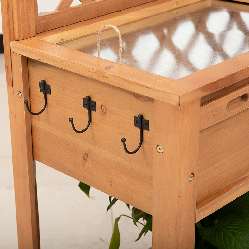 Garden Potting Bench, โต๊ะไม้กลางแจ้งพร้อมฉากโลหะ, ลิ้นชัก, ตะขอ, ชั้นวางของและ Lattice Back สำหรับ Patio, Backyard และ Porch