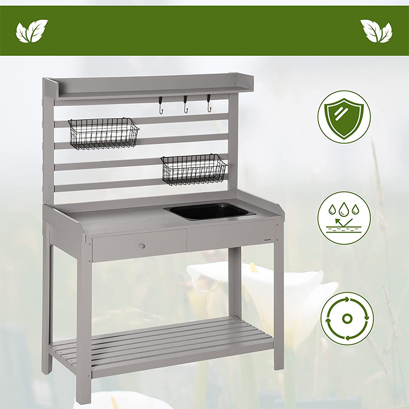 โต๊ะวางกระถางต้นไม้ โต๊ะทำงานในสวน พร้อมตะแกรง อ่างล้างจานและตะกร้าแบบถอดได้