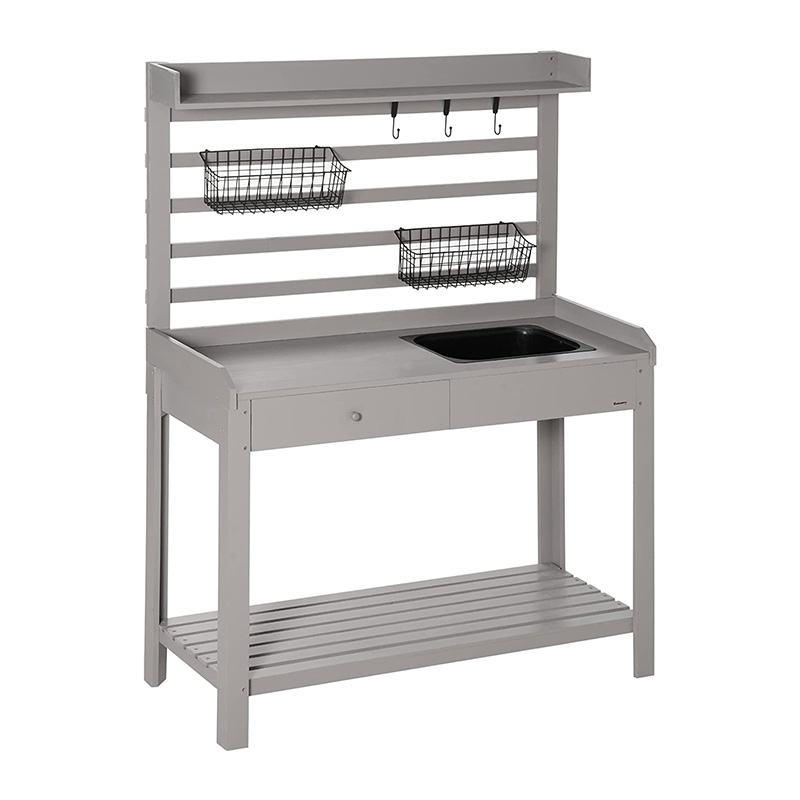 โต๊ะวางกระถางต้นไม้ โต๊ะทำงานในสวน พร้อมตะแกรง อ่างล้างจานและตะกร้าแบบถอดได้