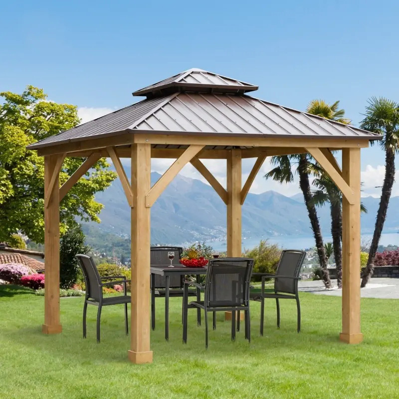 10' x 10' Hardtop Gazebo Patio Canopy Shelter Outdoor พร้อมหลังคาเหล็กสองชั้น