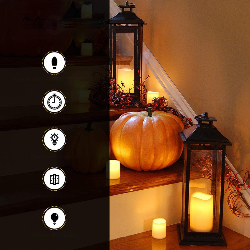 ตะเกียงโลหะพร้อมเทียนไขแบตเตอรี่ - สีดำแบบดั้งเดิม ตะเกียงขนาด 17 นิ้ว