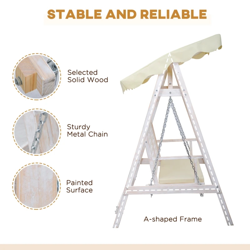 ชิงช้าระเบียงกลางแจ้งสำหรับ 2 คนพร้อมขาตั้งไม้ การออกแบบ A-Frame ที่แข็งแกร่ง และหลังคากันสาดน้ำแบบปรับได้